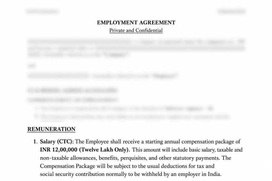 Real employment agreement of a JayathiSoft-mentored engineer showing ₹12,00,000 annual CTC, identity details blurred for privacy